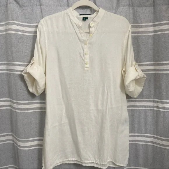 LAUREN RALPH LAUREN / Cream Linen Popover 3/4 Sleeve Tunic Size M - Picture 1 of 9